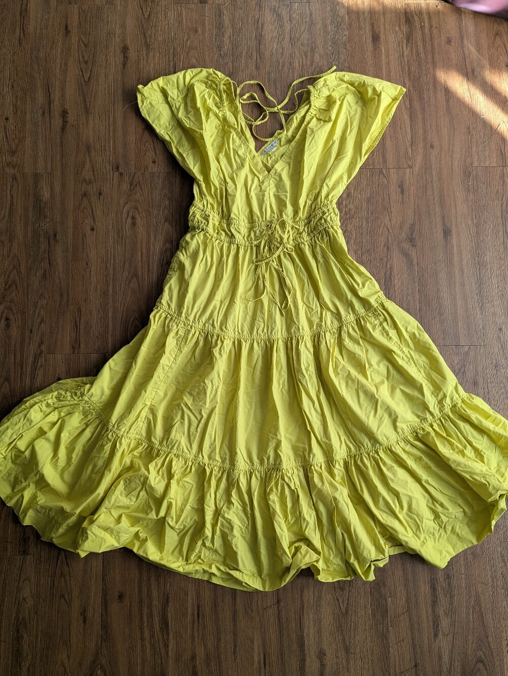 Bright Yellow Tiered V-Neck Women's Dress Sz M